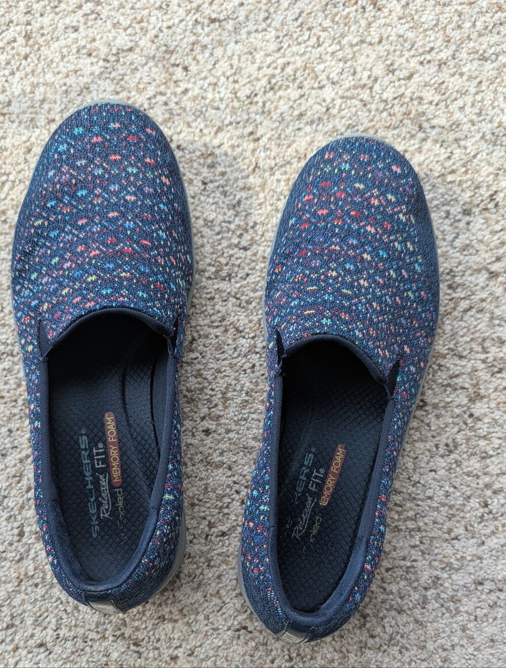Very good condition. Skechers Navy Knit Slip-On Sneakers with Multicolor Speckle
